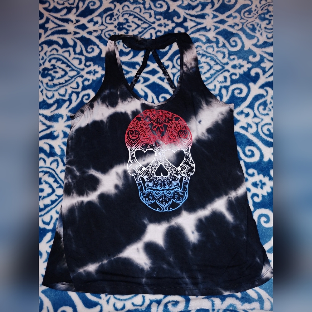 No Boundaries Racerback tank top. Skull tie dye and red, white and blue.